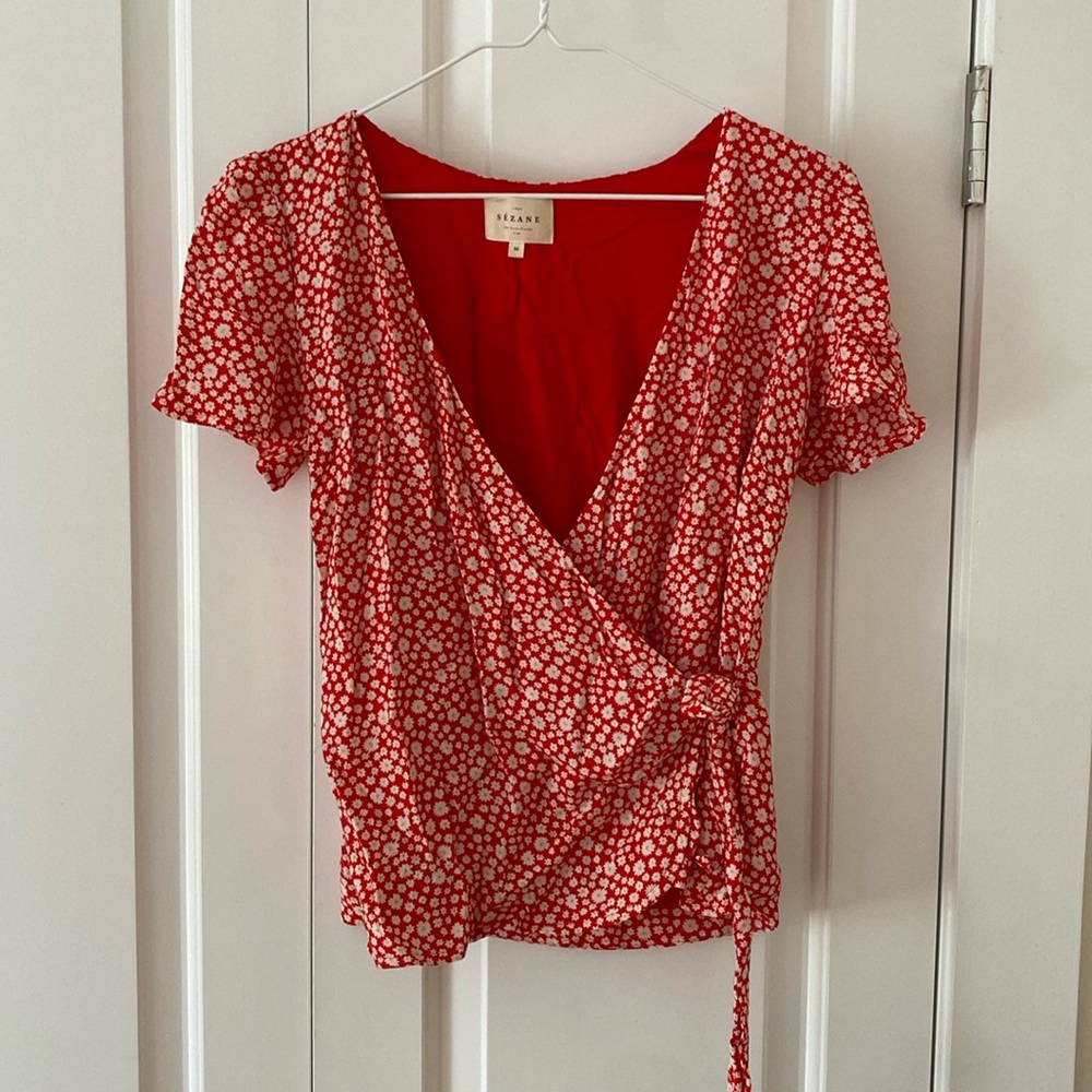 Sézane Olympia Wrap Blouse Red Floral Print Size 36